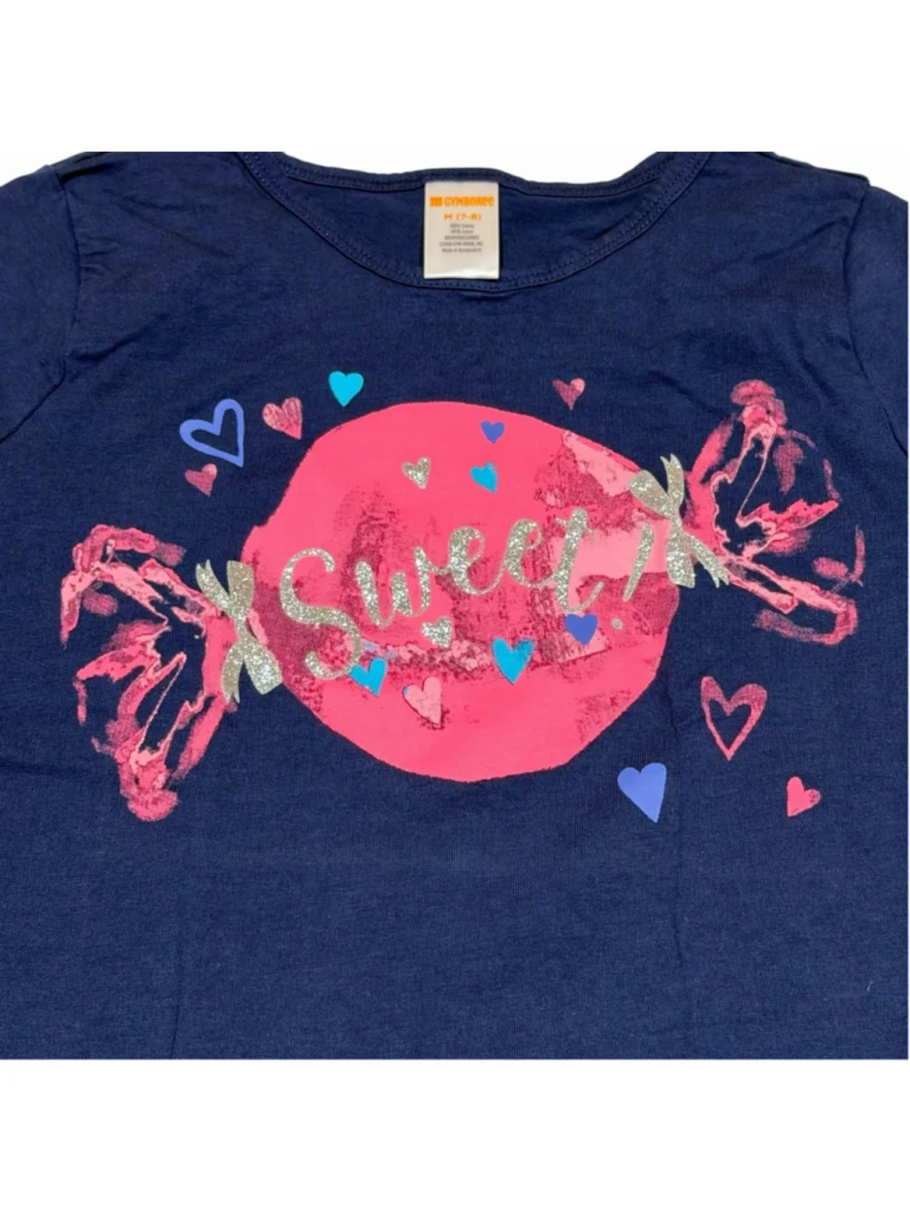 Gymboree Girls Sweet Candy Hearts‎ Graphic T-Shirt Navy Blue Size M 7-8 Glitter